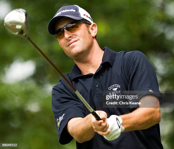 Jeff Gove watches his drive on the 14th hole during the second round of the Rex Hospital Open Nationwide Tour golf tournament at the TPC Wakefield...