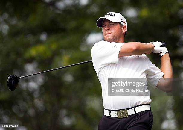 Alex Prugh watches his drive on the 13th hole during the second round of the Rex Hospital Open Nationwide Tour golf tournament at the TPC Wakefield...