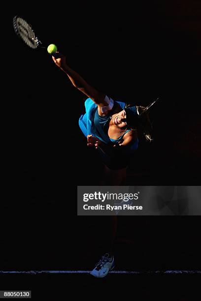 Maria Sharapova of Russia serves during her Women's Singles Third Round match against Yaroslava Shvedova of Kazakhstan on day six of the French Open...