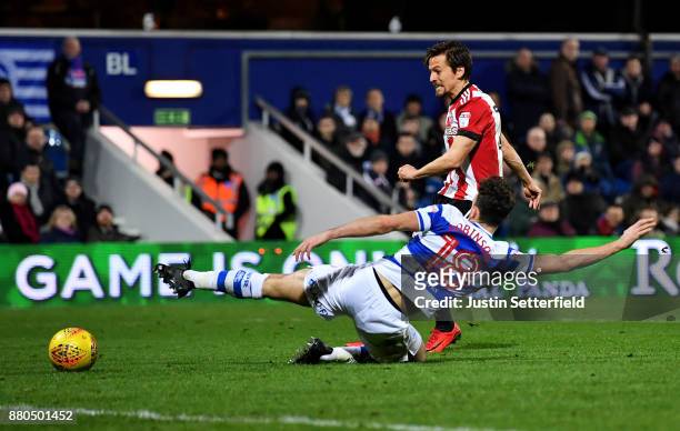Lasse Vibe of Brentford scores the 2nd Brentford goal during the Sky Bet Championship match between Queens Park Rangers and Brentford at Loftus Road...
