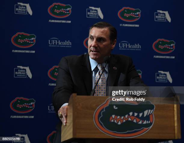 Florida Gators head football coach Dan Mullen speaks during an introductory press conference at the Bill Heavener football complex on November 27,...