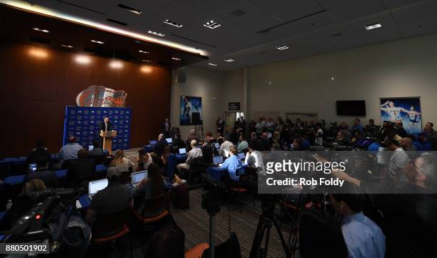 Florida Gators head football coach Dan Mullen speaks during an introductory press conference at the Bill Heavener football complex on November 27,...
