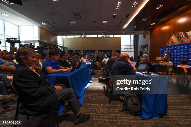 Former Florida Gators football coach Steve Spurrier looks on during an introductory press conference for new football head coach Dan Mullen at the...