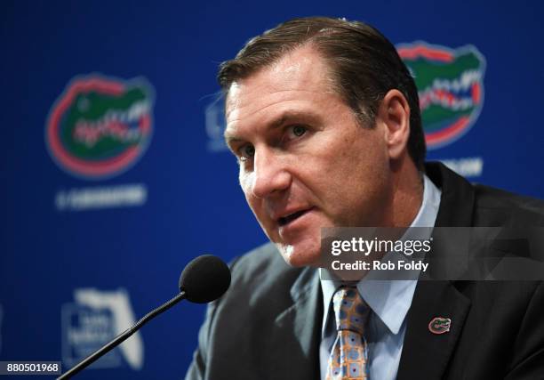 Florida Gators head football coach Dan Mullen speaks during an introductory press conference at the Bill Heavener football complex on November 27,...