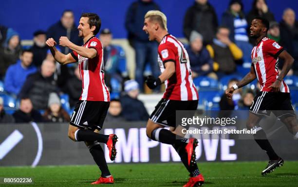 Lasse Vibe of Brentford celebrates scoring the 1st Brentford goal during the Sky Bet Championship match between Queens Park Rangers and Brentford at...