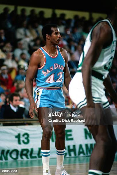 Kermit Washington of the San Diego Clippers looks on against the Boston Celtics during a game played in 1978 at the Boston Garden in Boston,...