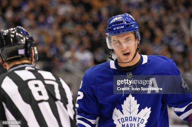 Toronto Maple Leafs Center Tyler Bozak argues with NHL Linesman Devin Berg after being called for a Penalty during the NHL regular season hockey game...