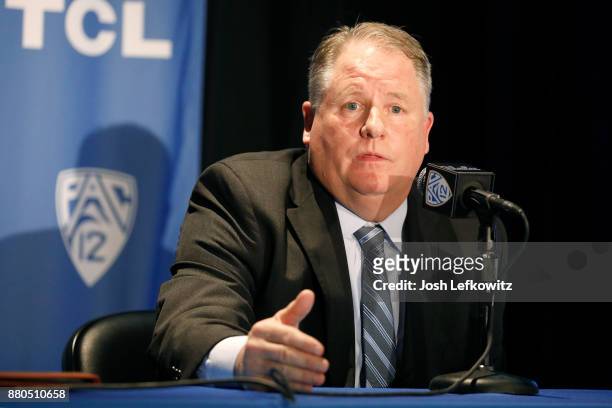 Chip Kelly speaks to the media during a press conference on November 27, 2017 in Westwood, California. Kelly was just announced as the new UCLA head...
