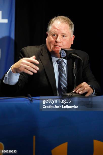 Chip Kelly speaks to the media during a press conference after being introduced as the new UCLA Football head coach on November 27, 2017 in Westwood,...