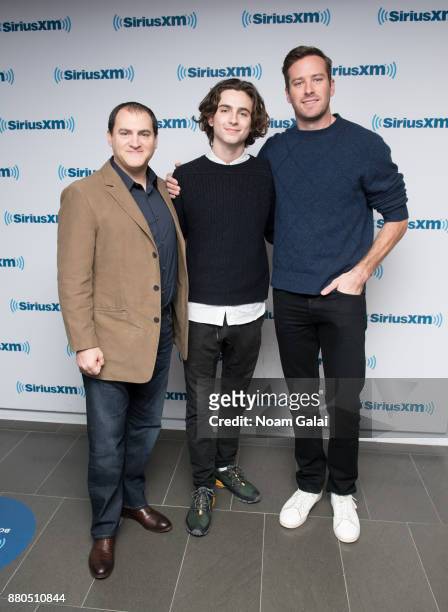 Actors Michael Stuhlbarg, Armie Hammer and Timothee Chalamet visit the SiriusXM Studios on November 27, 2017 in New York City.