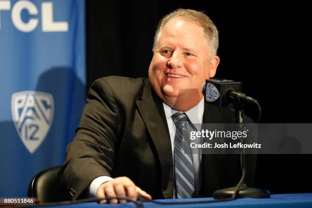 Chip Kelly speaks to the media during a press conference after being introduced as the new UCLA Football head coach on November 27, 2017 in Westwood,...