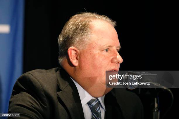 Chip Kelly speaks to the media during a press conference after being introduced as the new UCLA Football head coach on November 27, 2017 in Westwood,...