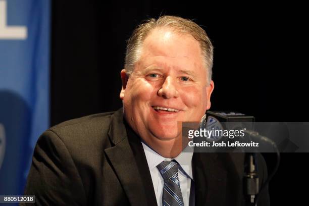 Chip Kelly speaks to the media during a press conference after being introduced as the new UCLA Football head coach on November 27, 2017 in Westwood,...