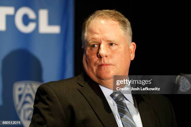 Chip Kelly speaks to the media during a press conference after being introduced as the new UCLA Football head coach on November 27, 2017 in Westwood,...