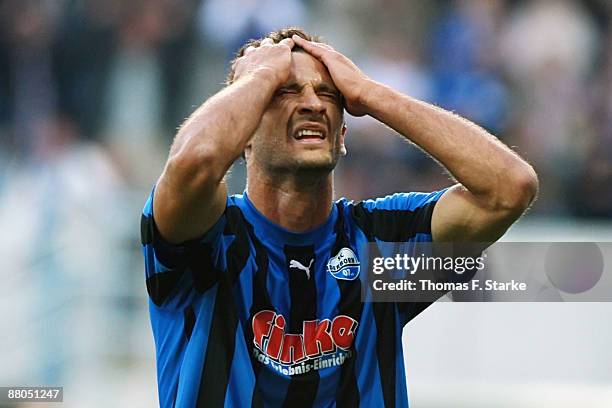 Jovan Damjanovic of Paderborn looks dejected during the Second Bundesliga Play Off match between SC Paderborn and VfL Osnabrueck at the Paragon Arena...