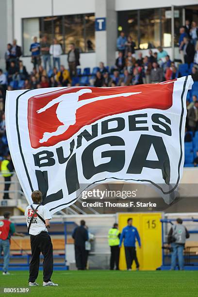 Flag with the Bundesliga logo is presented prior the Second Bundesliga Play Off match between SC Paderborn and VfL Osnabrueck at the Paragon Arena on...