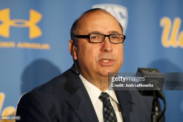 Director of Athletics Dan Guerrero speaks to the media after introducing Chip Kelly as the new UCLA Football head coach during a press conference on...