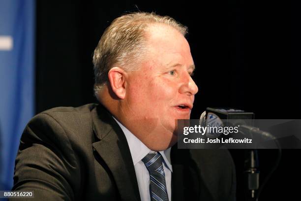 Chip Kelly speaks to the media during a press conference after being introduced as the new UCLA Football head coach on November 27, 2017 in Westwood,...