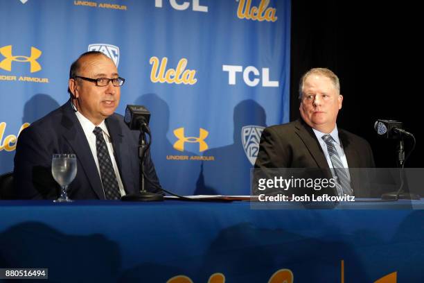 Director of Athletics Dan Guerrero speaks to the media as he introduces Chip Kelly as the new UCLA Football head coach during a press conference on...