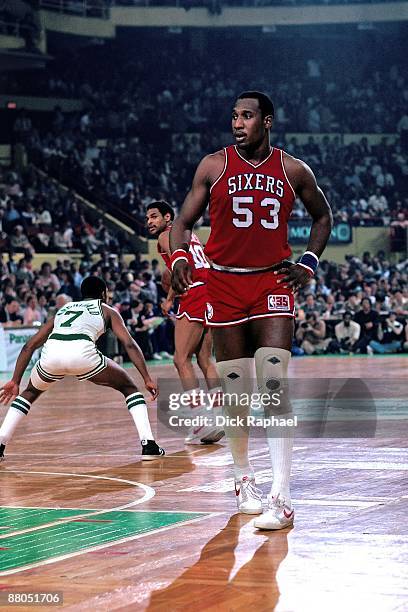 Darryl Dawkins of the Philadelphia 76ers runs on the court against the Boston Celtics in Game Five of the Eastern Conference Finals during the 1981...