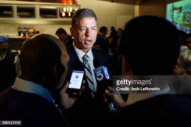 Troy Aikman speaks to the media after a press conference introducing Chip Kelly as the new UCLA Football Head Coach on November 27, 2017 in Westwood,...