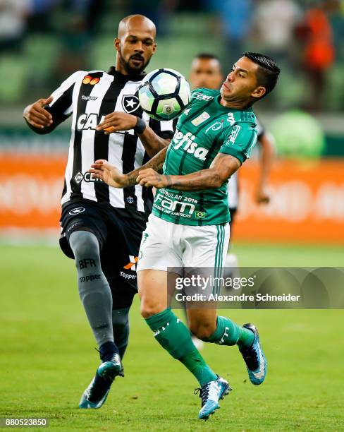 Bruno Silva of Botafogo and Dudu of Palmeiras in action during the match for the Brasileirao Series A 2017 at Allianz Parque Stadium on November 27,...