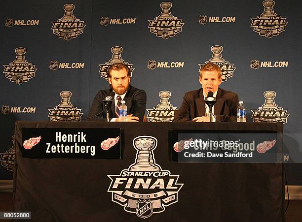 Henrik Zetterberg and Chris Osgood of the Detroit Red Wings talks to the media at the 2009 Stanley Cup Final Pre-Series Media Availbility on May 29,...