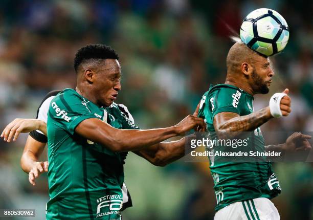 Yerry Mina and Felipe Melo of Palmeiras in action during the match against Botafogo for the Brasileirao Series A 2017 at Allianz Parque Stadium on...
