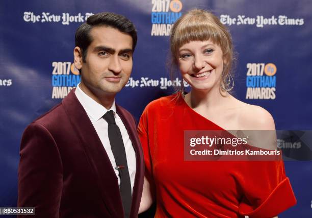 Actor Kumail Nanjiani and Screenplay writer Emily V. Gordon attend IFP's 27th Annual Gotham Independent Film Awards on November 27, 2017 in New York...