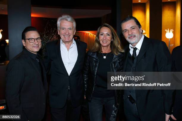 Jean-Marc Genereux, Gilbert Coullier, his wife Nicole and Christophe Barratier attend the Inauguration of the "Chalet Les Neiges 1850" on the terrace...