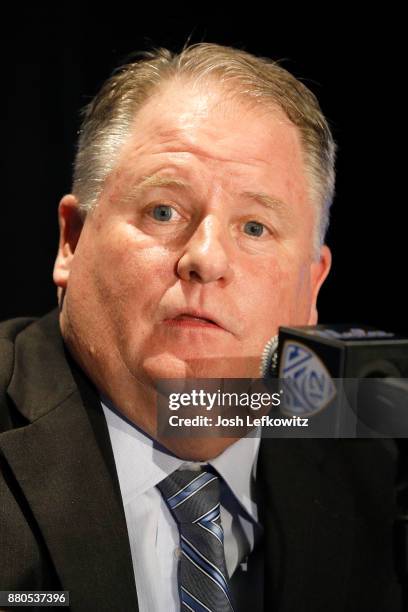 Chip Kelly speaks to the media during a press conference after being introduced as UCLA's new Football Head Coach on November 27, 2017 in Westwood,...