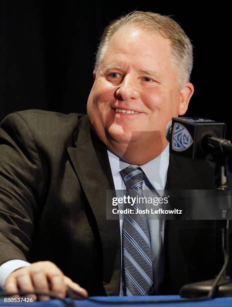 Chip Kelly speaks to the media during a press conference after being introduced as UCLA's new Football Head Coach on November 27, 2017 in Westwood,...