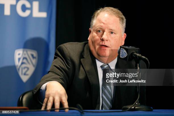 Chip Kelly speaks to the media during a press conference after being introduced as UCLA's new Football Head Coach on November 27, 2017 in Westwood,...