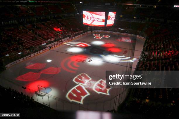 Wisconsin mascot Bucky Badger prior to the start of a college hockey game between the University of Wisconsin Badgers and the Mercyhurst University...