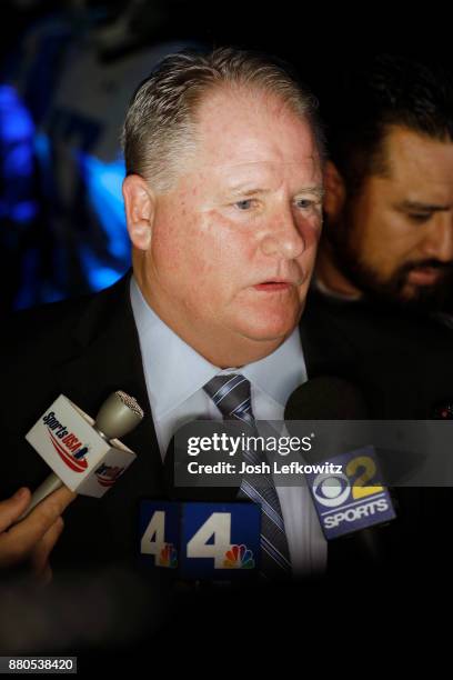 Chip Kelly speaks to the media following a press conference which introduced him as UCLA's new Football Head Coach on November 27, 2017 in Westwood,...