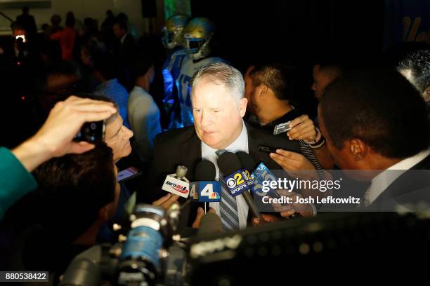 Chip Kelly speaks to the media following a press conference which introduced him as UCLA's new Football Head Coach on November 27, 2017 in Westwood,...