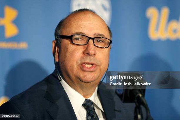 Director of Athletics Dan Guerrero speaks to the media after introducing Chip Kelly as the new head Football coach during a press conference on...