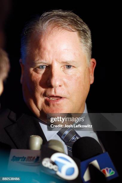 Chip Kelly speaks to the media following a press conference which introduced him as UCLA's new Football Head Coach on November 27, 2017 in Westwood,...