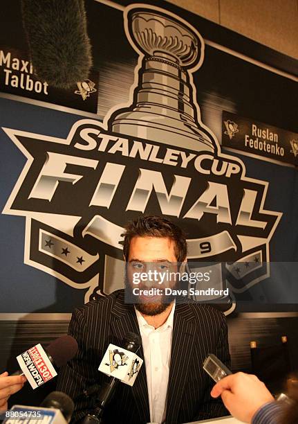 Maxime Talbot of the Pittsburgh Penguins talk to the Media at the 2009 Stanley Cup Final Pre-Series Media Availbility on May 29, 2009 at the Marriott...