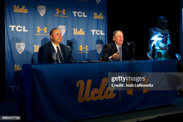 Chip Kelly speaks to the media during a press conference after being introduced as UCLA's new Football Head Coach on November 27, 2017 in Westwood,...