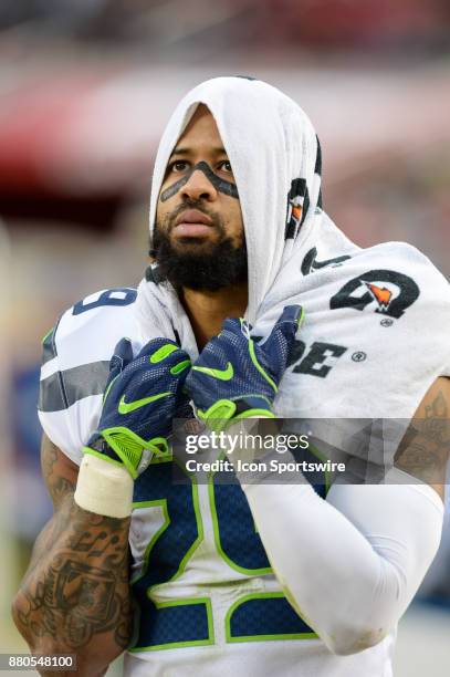 Seattle Seahawks free safety Earl Thomas looks from the sideline during the Seattle Seahawks versus San Francisco 49ers game on November 26, 2017 at...