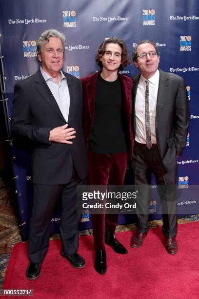 Actor Timothee Chalamet poses with Co-Founders of Sony Pictures Tom Bernard and Michael Barker attends IFP's 27th Annual Gotham Independent Film...