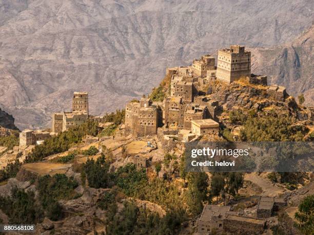 tipical mountain village in yemen - yemen stock pictures, royalty-free photos & images