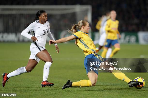 Magdalena Eriksson of Sweden and Kadidiatou Diani of France in action during a Women's International Friendly match between France and Sweden at...