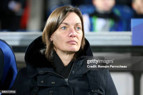 Head coach of France Corinne Diacre looks on before a Women's International Friendly match between France and Sweden at Stade Chaban-Delmas on...