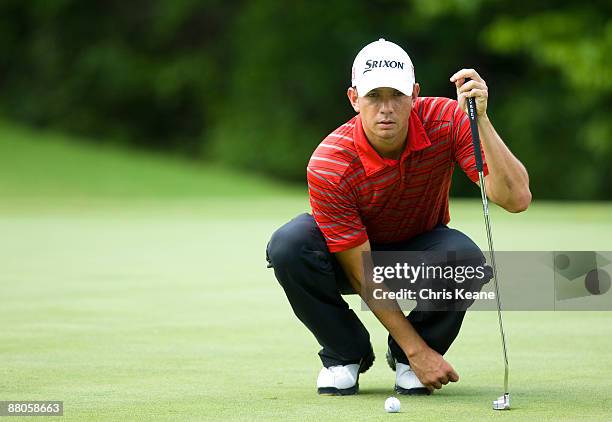 Bradley Iles lines up a putt on the seventh hole during the second round of the Rex Hospital Open Nationwide Tour golf tournament at the TPC...