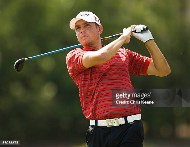 Bradley Iles watches his tee shot on the eighth hole during the second round of the Rex Hospital Open Nationwide Tour golf tournament at the TPC...