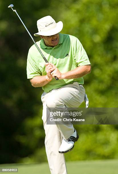 Kevin Johnson reacts after missing a putt on the fifth hole during the second round of the Rex Hospital Open Nationwide Tour golf tournament at the...