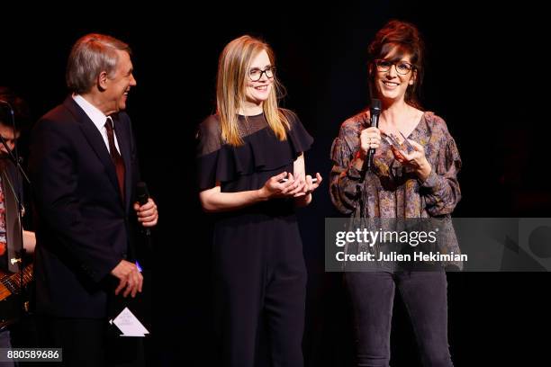 French Humorist Nora Hamzawi is being awarded with the Sacem's Great Prize of Humor by Italian Singer Salvatore Adamo and Isabelle Carre during les...