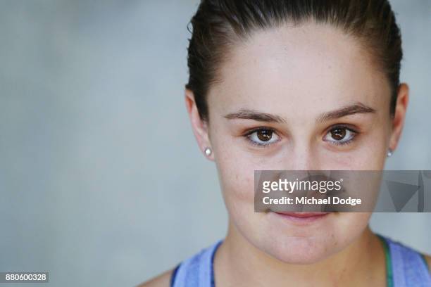 Newcombe Medallist Ashleigh Barty poses at Melbourne Park on November 28, 2017 in Melbourne, Australia. Barty's rise up the WTA rankings has been...